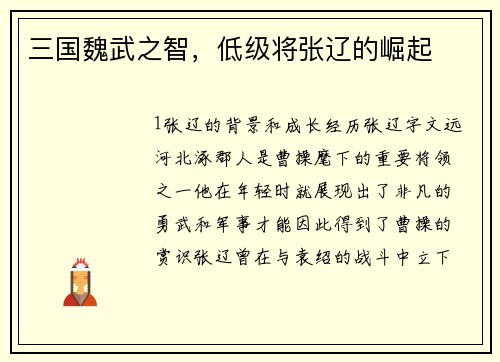 三国魏武之智，低级将张辽的崛起